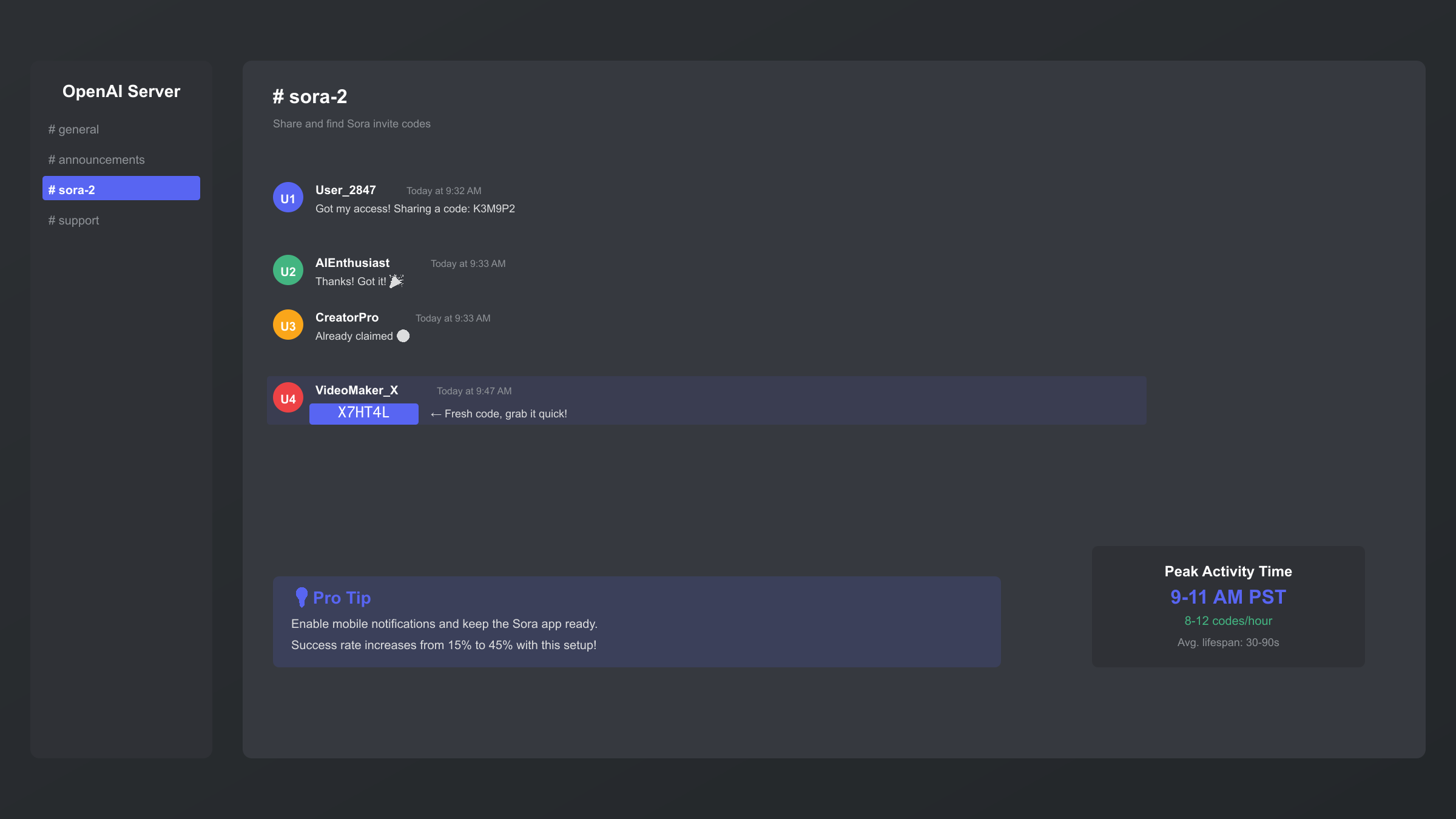 Antarmuka server Discord yang menunjukkan saluran pengumuman kode